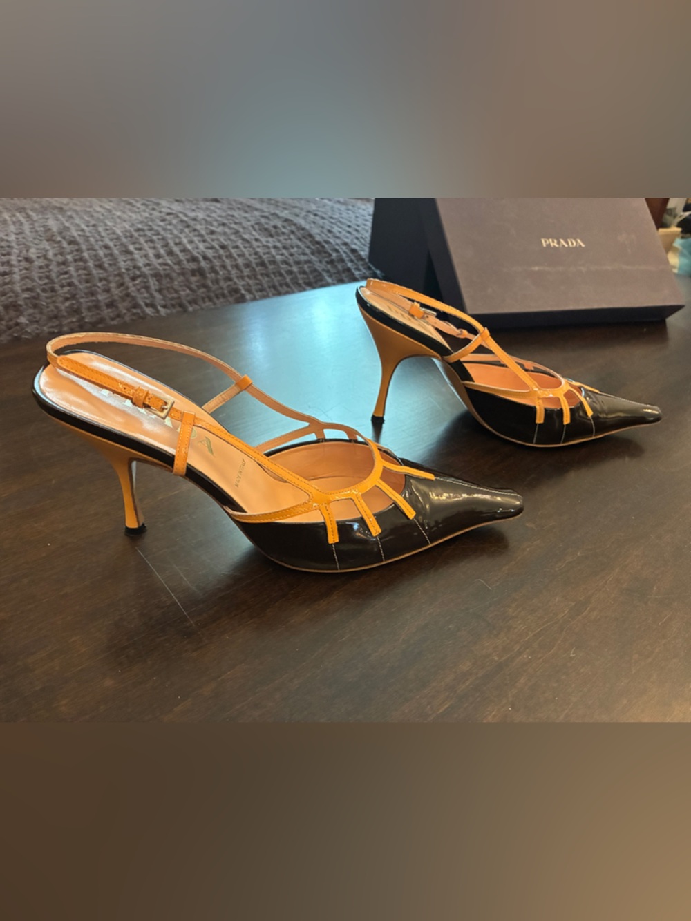 Rare Y2K Prada sexy EUC Black Patent + Magnolia coral Strappy Slingback. 37 - Picture 16 of 16